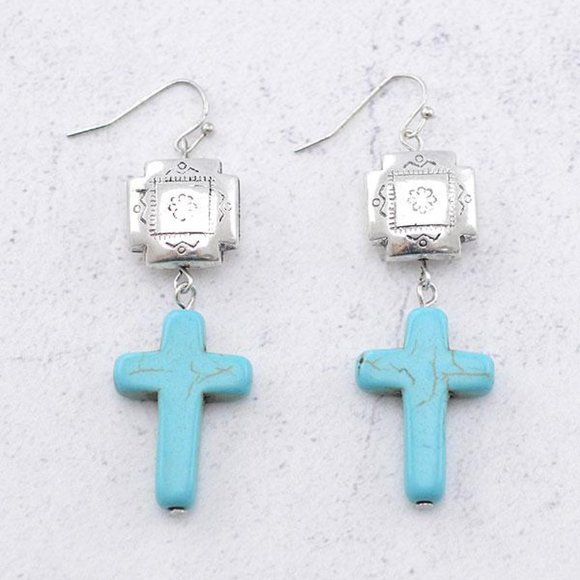 Western Style Cross Semi Stone Turquoise Dangle Earrings - Picture 4 of 6